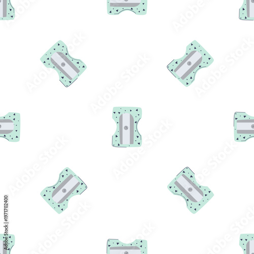 A repeating pattern of a light green pencil sharpener with small dots isolated on a transparent background