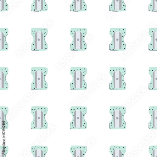 A seamless pattern of stylized pencil sharpeners with a light green speckled design