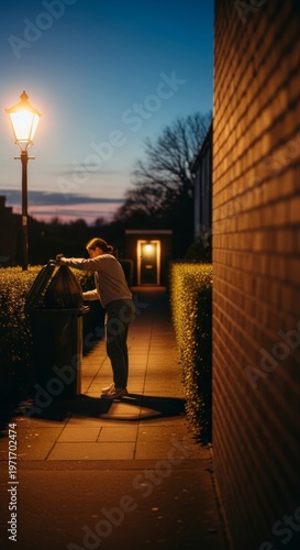 Evening street scene with woman disposing trash under streetlight