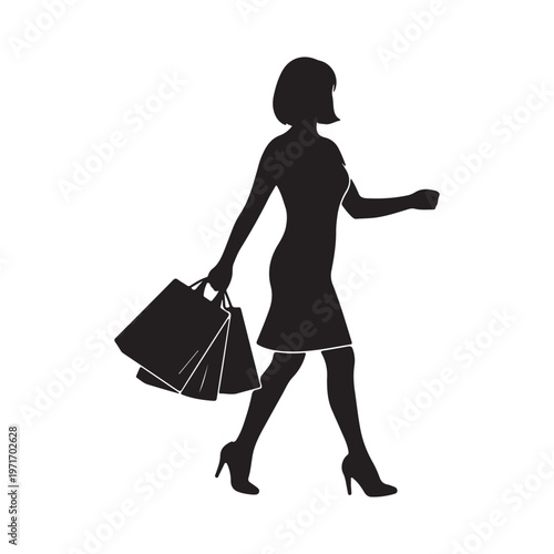 Silhouette of a woman walking with shopping bags representing consumerism and retail therapy isolated on white background