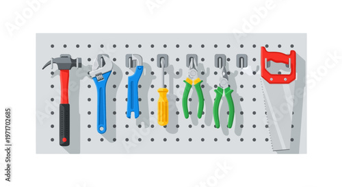 Assorted Tools Hanging on Pegboard.