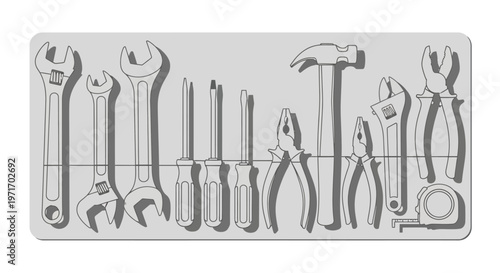 Set of Various Tools Organized in Tray.