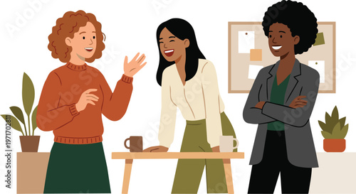 Diverse Women Having a Conversation in Modern Office, DEIB Workplace Illustration