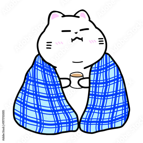 Cute chubby white cat wrapped in a blue blanket holding a warm cup of coffee, cozy winter morning kitten relaxing with a hot beverage in a minimal illustration