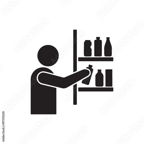 Person choosing product from shelf simple pictogram for shopping retail or consumer choice concept isolated on white