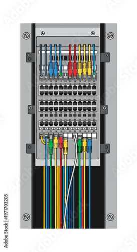 Network Patch Panel with Colorful Ethernet Cables.