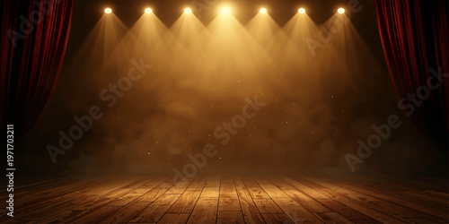 Empty wooden stage with spotlight in vintage interior room