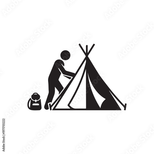 Person setting up a teepee tent with a backpack nearby simple vector icon for camping and outdoor adventure concepts isolated on white