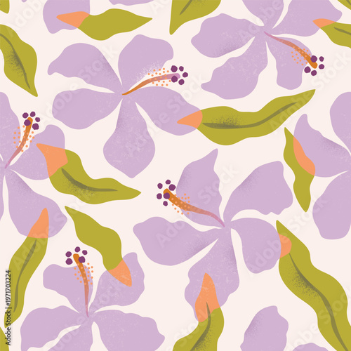 Hawaiian Tropical lilac flowers and artistic palm leaves on background. Seamless vector pattern.