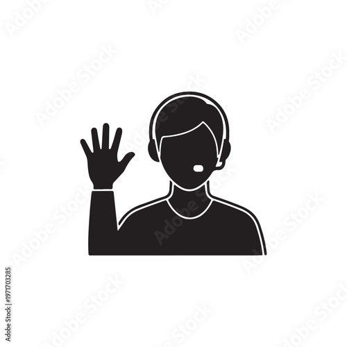 Customer service representative icon waving hand and headset symbol for support and communication flat vector illustration on white background