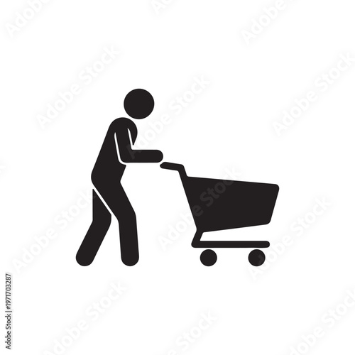 Simple black silhouette of a person pushing a shopping cart a minimalist vector icon representing commerce and retail isolated on a white background