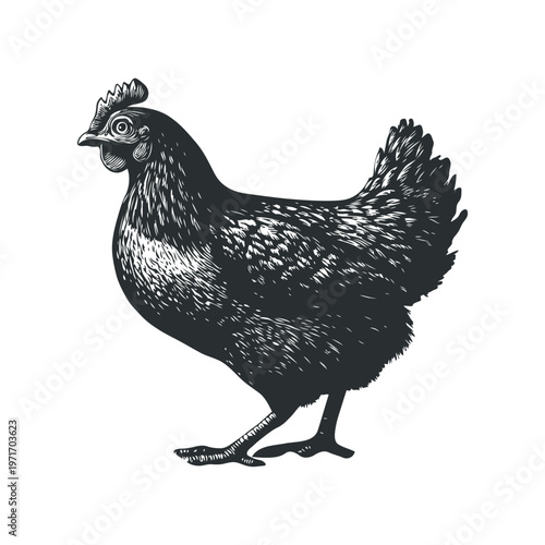 Black hen illustration in vintage hand-drawn engraving style on white background, representing farm animal and rural poultry farming concept