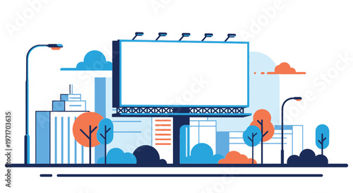 Modern cityscape vector illustration with a large blank billboard and urban landscape design elements