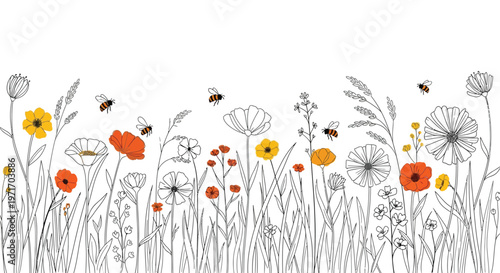 Beautiful vector illustration of colorful flowers and busy bees in a lush meadow scene design