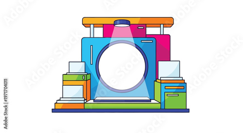 Colorful vector illustration of a washing machine with stacked suitcases and books around it