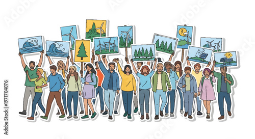 Diverse group of people holding environmental protest signs together