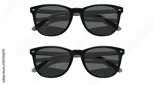 Vector graphic illustration of a pair of black sunglasses with dark lenses and sleek design