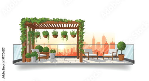 rooftop garden with city view and pergola
