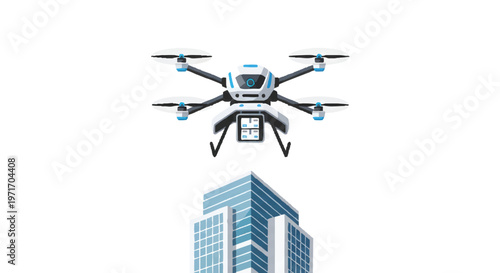 Drone flying over modern office building, aerial view