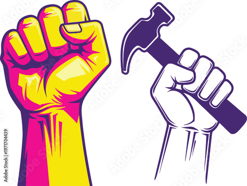 Fist clenched around a hammer symbol of strength and labor