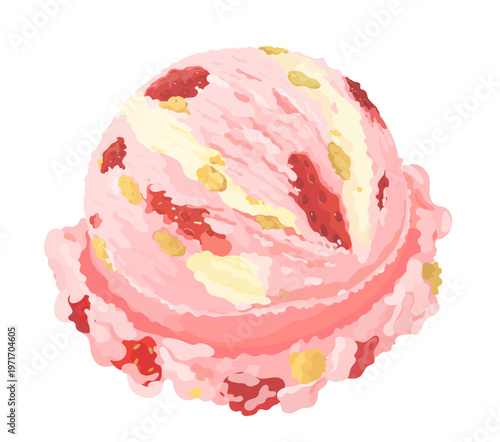 Tasty cartoon strawberry cheesecake ice cream scoop. Vector hand drawn dessert icon illustration isolated on White background.	