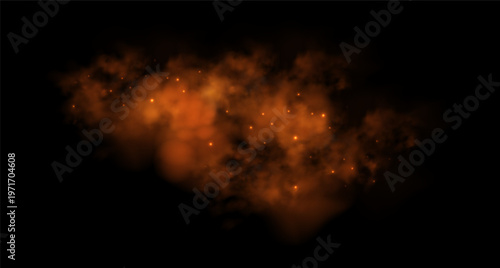 Orange smoke cloud with fire sparks and glowing ash overlay effect.