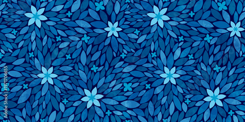 Calm floral watercolor seamless pattern, flowers and small leaves in mint and blue tones, botanical print for wellness and spa.