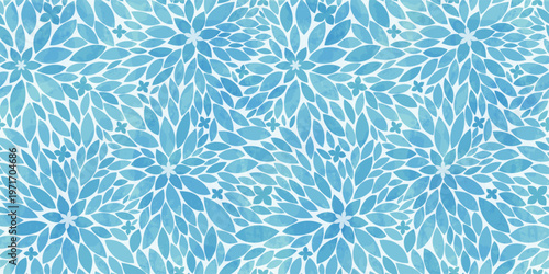 Calm floral watercolor seamless pattern, flowers and small leaves in mint and blue tones, botanical print for wellness and spa.