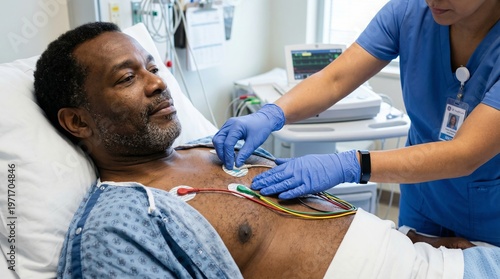 Healthcare professional placing ECG electrodes on male patient chest in hospital room, cardiology monitoring procedure