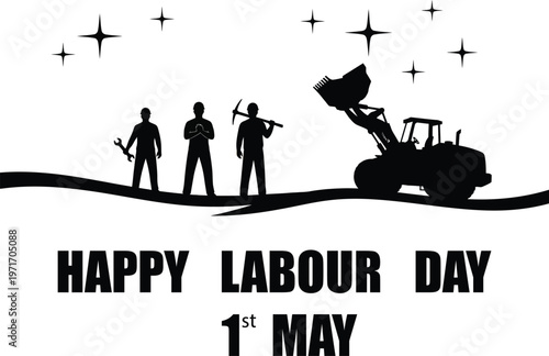 Happy labour day illustration workers and construction equipment celebrating may 1st