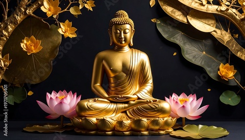 Golden Buddha Statue in Lotus Position with Floral Embellishments.
