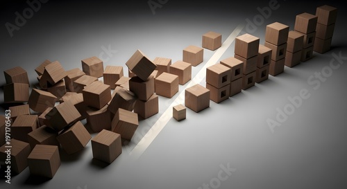 Brown Wooden Blocks Scatter Along Bright Line on Dark Road