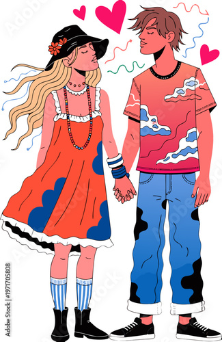 Loving Gazing Couple Boho Hand-Hold Vector