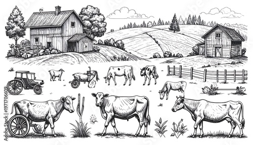 Detailed Farm Scene Depicting Cows, Barns, and Agricultural Elements.