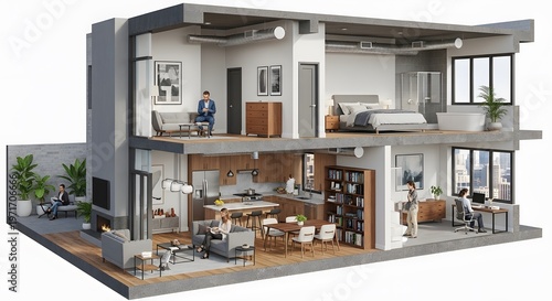 Modern Cutaway Apartment Interior with Open Plan Living Dining Kitchen and Bedroom