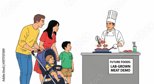 Family visiting lab-grown meat demo at food exhibition