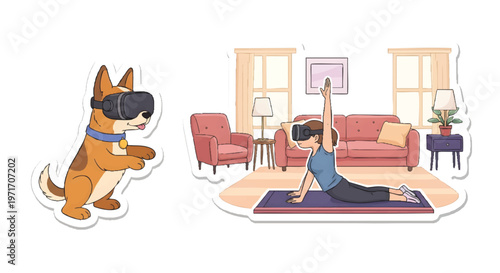 Woman doing yoga with dog in living room