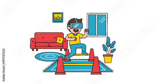 man in VR glasses jumping over cones in living room