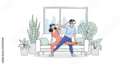 Couple wearing VR headsets exercising together at home