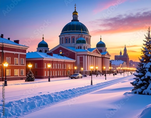 Winter Wonderland - Majestic Cathedral and Snowy Landscape at Sunset.