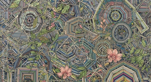 Intricate Geometric Pattern with Floral Vines in Multicolor Mosaic