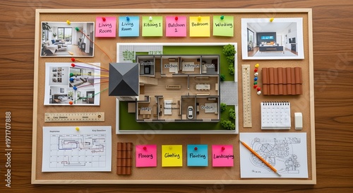 Colorful Modern House Plan Board with Model Home and Sticky Notes