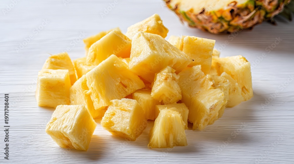 Fototapeta premium Pineapple chunks lay on white surface.