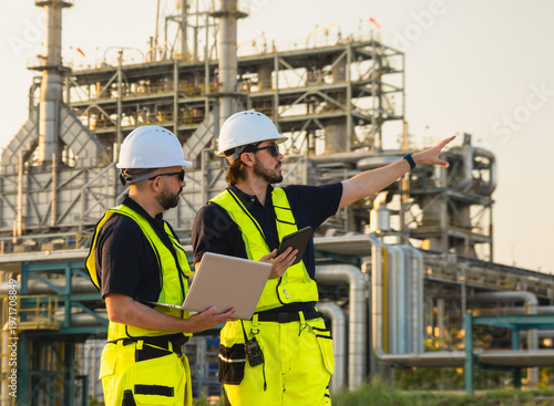 Two professional industrial engineer safety vest hard hat collaborated laptop tablet oil refinery site during sunset effec teamwork infrastructure inspection technical project management energy sector