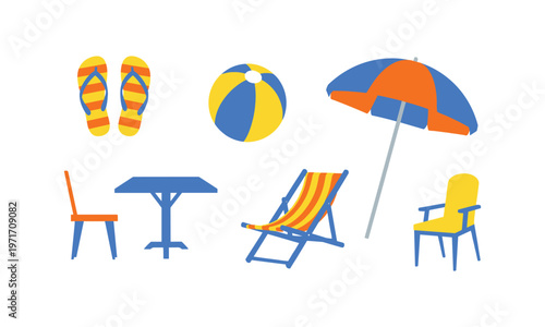 Colorful beach and outdoor relaxation items collection