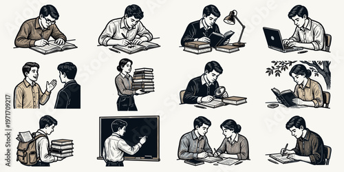 Illustration depicting various academic and work-related activities and studies