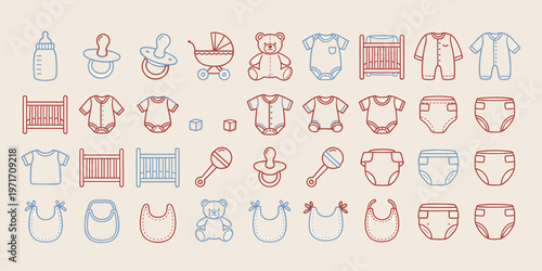 Baby essentials line icons set with simple outline style in red and blue colors