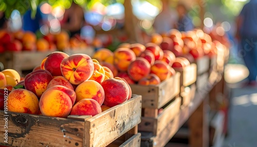 Fresh peaches displayed in wooden crates at a farmers market.