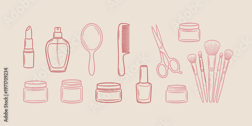 Beauty cosmetics icons set with lipstick perfume comb scissors brushes and cream