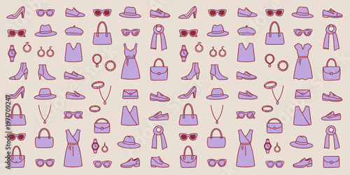 Fashion pattern with clothes shoes bags accessories and jewelry seamless design
